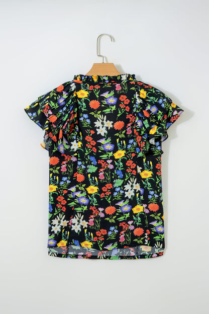 Flower Tiered Flutter Sleeve V-Neck Blouse