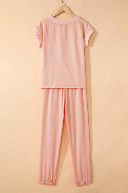 Solid V-Neck Tee & Drawstring Pants Set