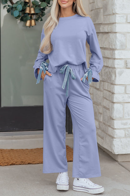 Flounce Long Sleeve Top and Drawstring Pants Set