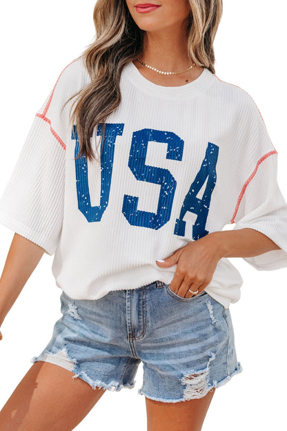 USA Corded Knit Short Sleeve Graphic Top