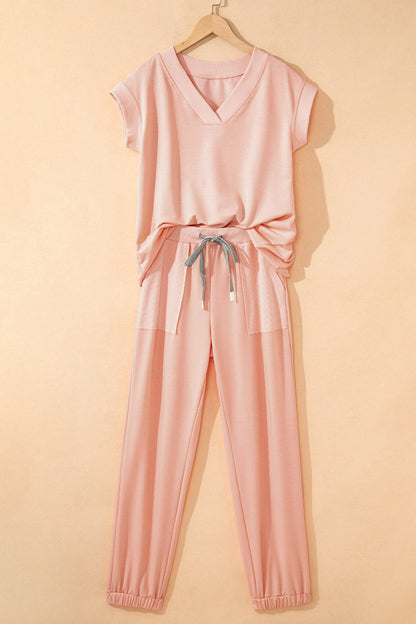 Solid V-Neck Tee & Drawstring Pants Set