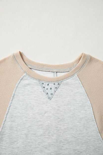 Floral Waffle Knit Patchwork Raglan Long Sleeve Top