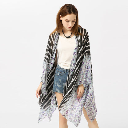 Beach Cover Up Chiffon Striped Positioning Beach Sun Protection Cardigan Vacation Clothes