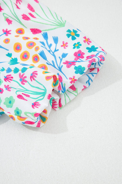 Floral Patchwork Bubble Sleeve Textured Blouse