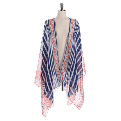 Beach Cover Up Chiffon Striped Positioning Beach Sun Protection Cardigan Vacation Clothes