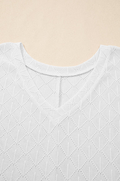 Plus Size Solid Pointelle Knit Rhombus V-Neck Top