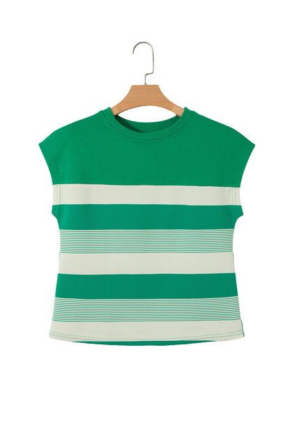 Stripe Mixed Crew Neck Cap Sleeve T-Shirt