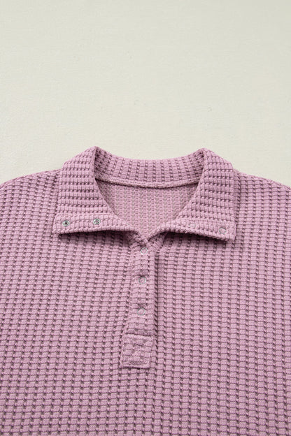 Solid Textured Knit Snap Button Collar Top