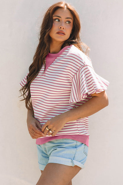 Stripe Contrast Detail Ruffle Short Sleeve Top