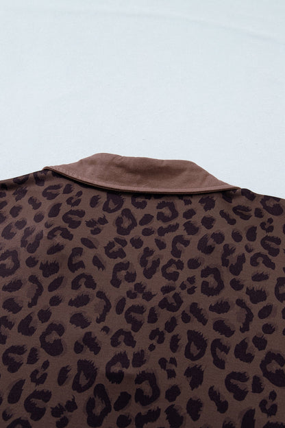 Plus Size Leopard Collared Top & Drawstring Shorts Set