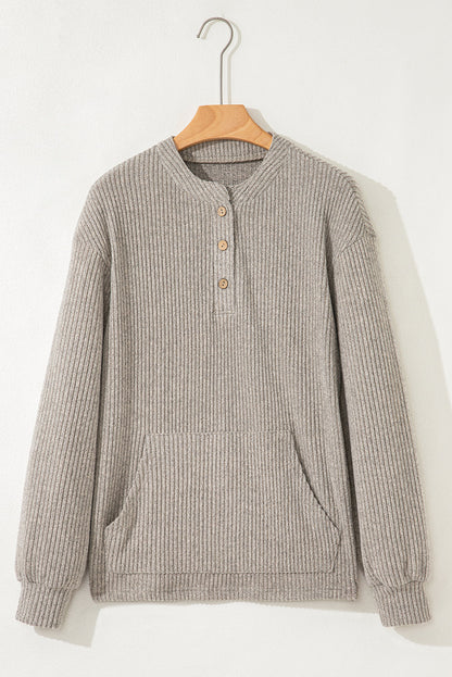 Solid Ribbed Knit Drop Shoulder Henley Top