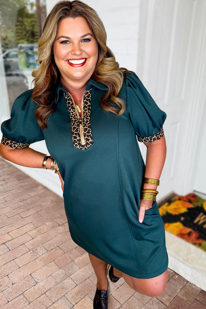 Plus Size Leopard Patchwork Quarter-Zip Collared Dress