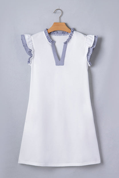 Stripe Patchwork Split Neck Ruffle Trim Sleeveless Dress