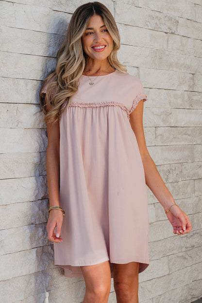 Solid Frilled Trim Short Sleeve Mini Dress