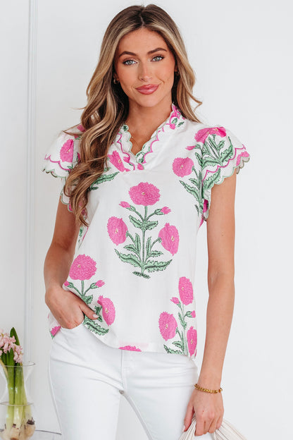 Flower Scallop Contrast Trim Short Sleeve Blouse