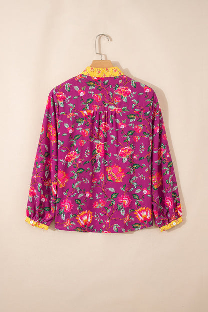 Floral Patchwork Split V-Neck Blouse