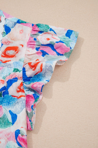 Floral Tie V-Neck Ruffle Short Sleeve Blouse
