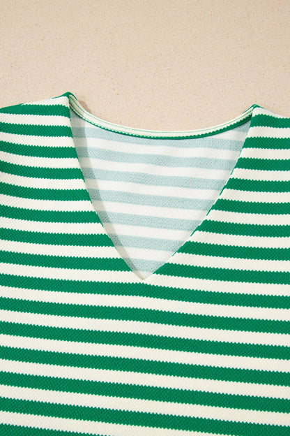Stripe Patchwork Puff Short Sleeve V-Neck Blouse