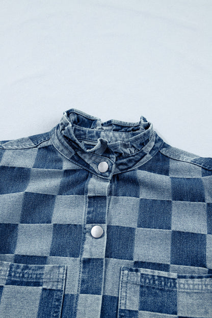 Checker Ruffle Trim Button Down Denim Vest