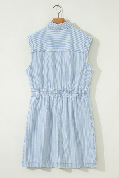 Stripe Denim Collared Button-Front Sleeveless Dress
