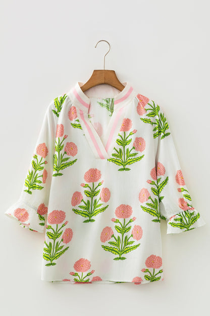 Flower Contrast V-Neck 3/4 Sleeve Blouse