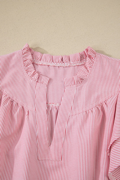 Stripe Frilled Split Neck Ruffle Sleeve Blouse