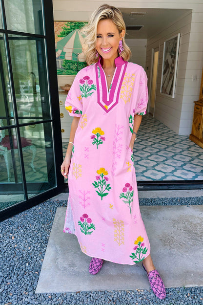 Floral Colorblock Trim V-Neck Midi Dress