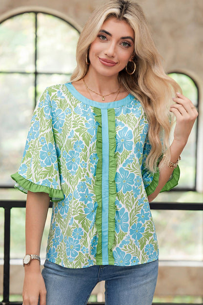 Floral Ruffle Colorblock Trim Short Sleeve Blouse