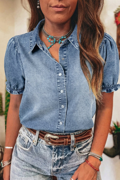 Denim Frilled Short Sleeve Snap Button Shirt