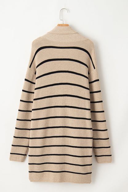 Stripe Shawl Neck Pocketed Open Cardigan