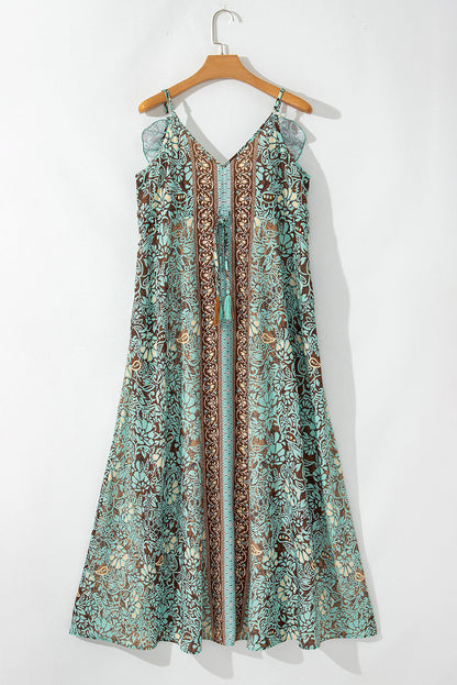 Floral V-Neck Ruffle Trim Backless Tassel Waist Dress