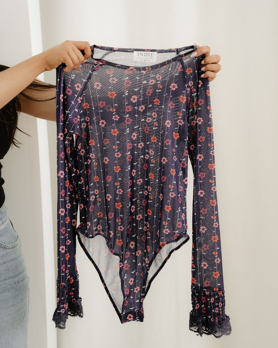 Samantha Floral Print Smocked Cuff Slim Fit Mesh Bodysuit