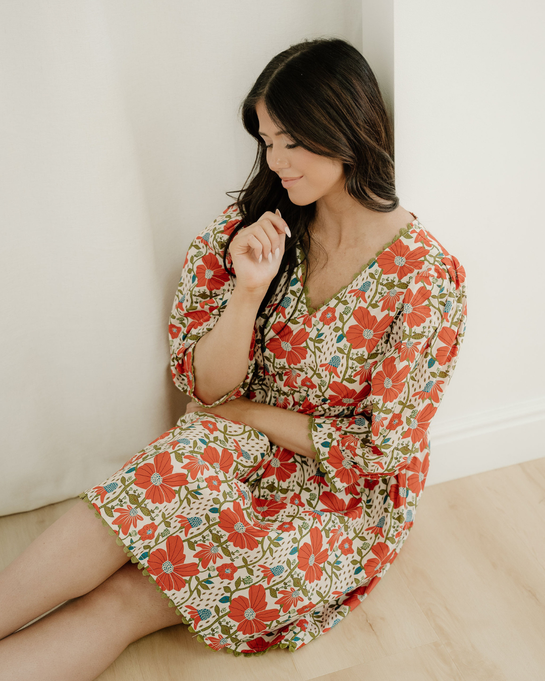 Gabriela Ricrac Trim V Neck 3/4 Sleeve Loose Mini Dress