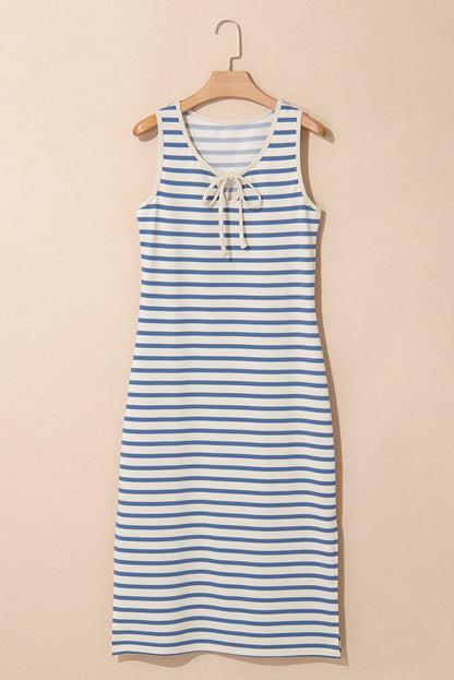 Stripe Tie V-Neck Sleeveless Midi Dress