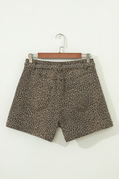 Leopard Denim Tie High Waist Shorts