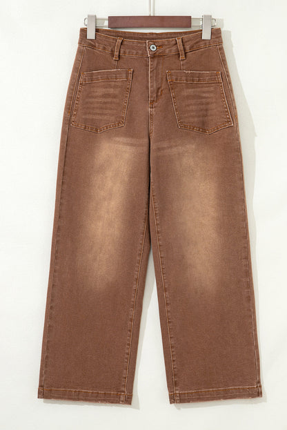 Denim High Waist Patch Pocket Straight Leg Jeans