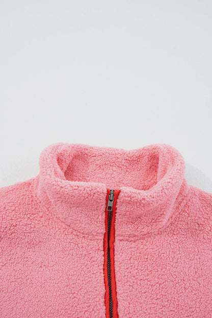 Sherpa Faux Leather Trim Half-Zip Pocketed Sweatshirt