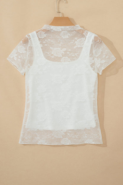 Sheer Lace Mesh Round Neck T-Shirt