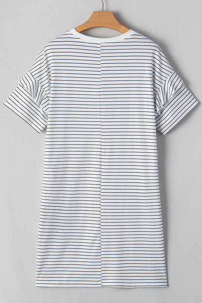 Stripe Ruffle Sleeve Crewneck T-Shirt Mini Dress