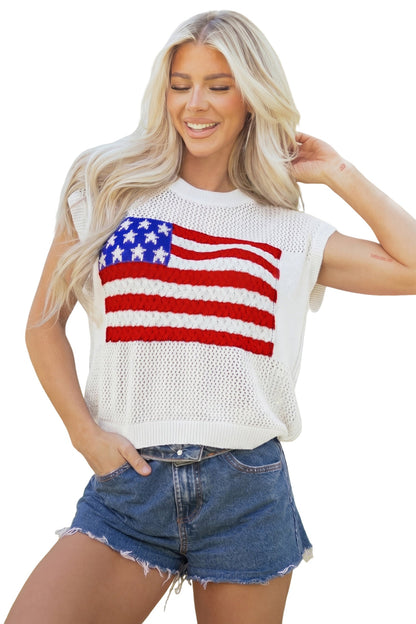 USA Flag Crochet Short Sleeve Sweater Top