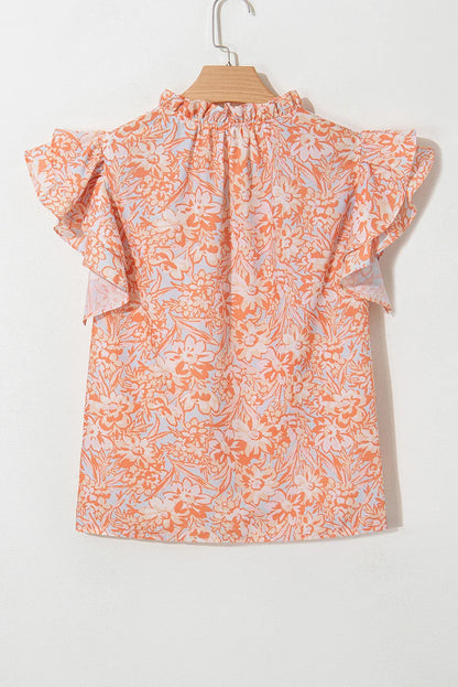 Floral Ruffle Sleeve Split Neck Blouse