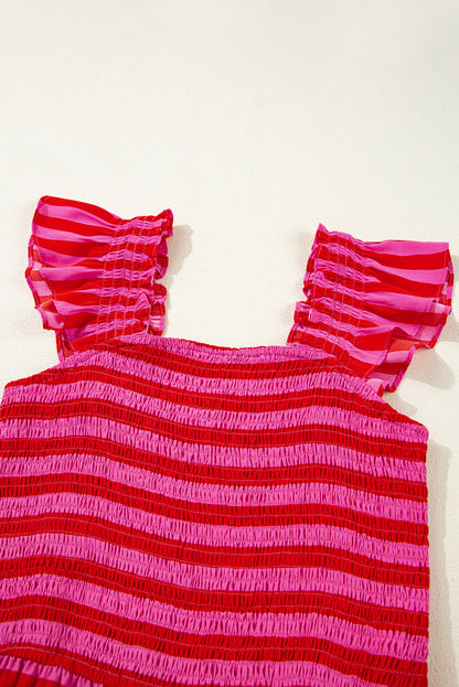 Stripe Smocked Bodice Flutter Sleeve Tiered Maxi Dress
