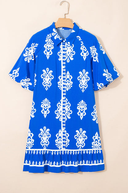 Boho Geometric Collared Button Front Mini Dress