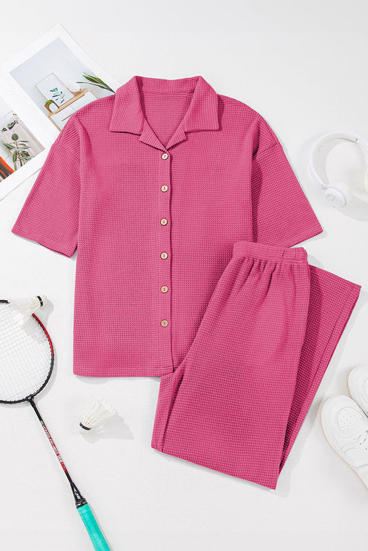 Solid Textured Buttoned Shirt and Pants Set