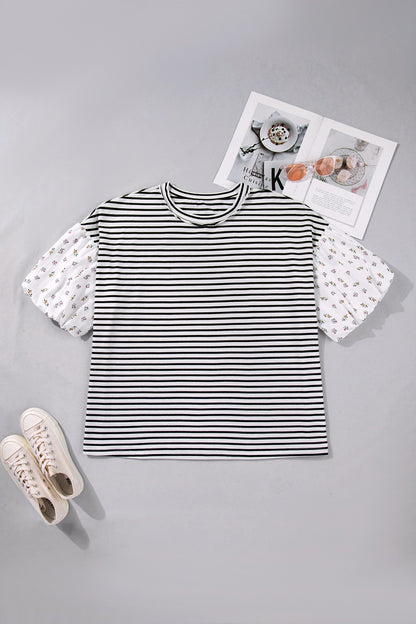 Plus Size Stripe Floral Patchwork Puff Sleeve Top