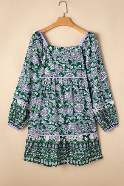 Boho Floral Piping Trim Bubble Sleeve Dress