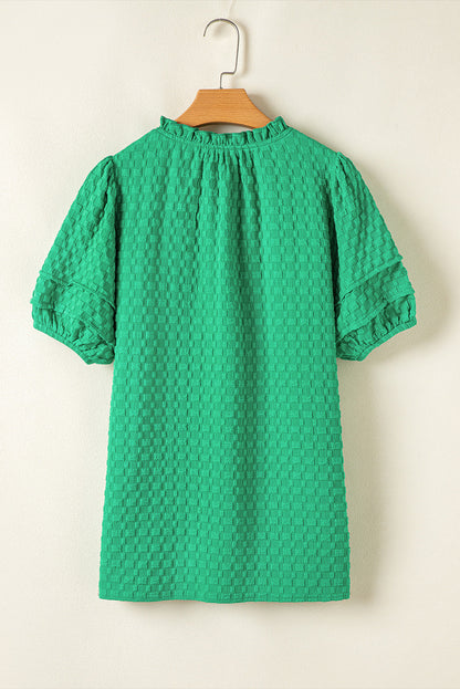 Textured Short Puff Sleeve Notch V-Neck Top