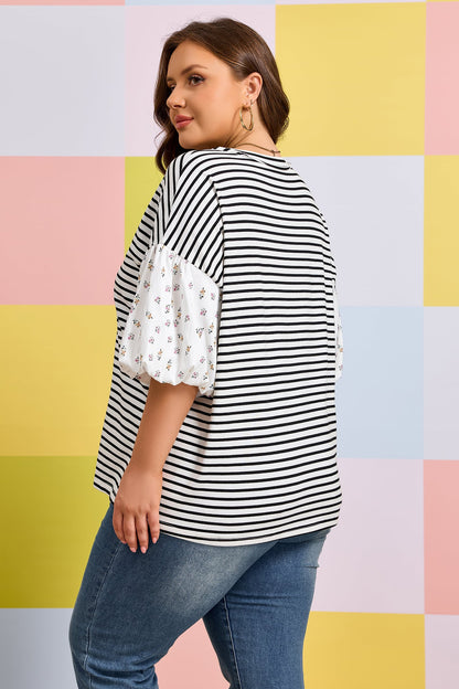 Plus Size Stripe Floral Patchwork Puff Sleeve Top