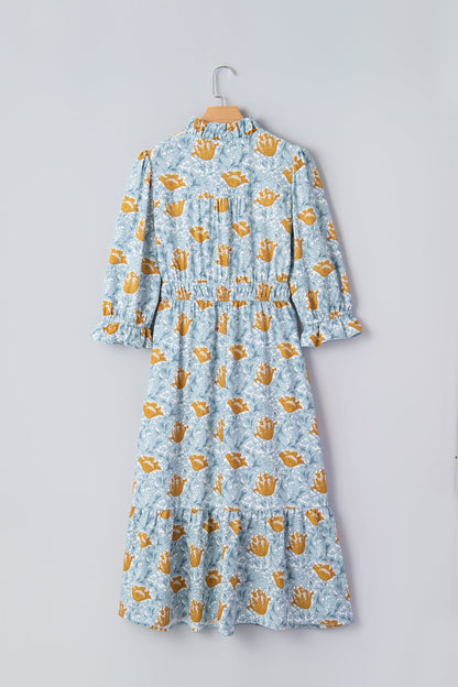Floral Frilled V-Neck 3/4 Sleeve Midi Dress