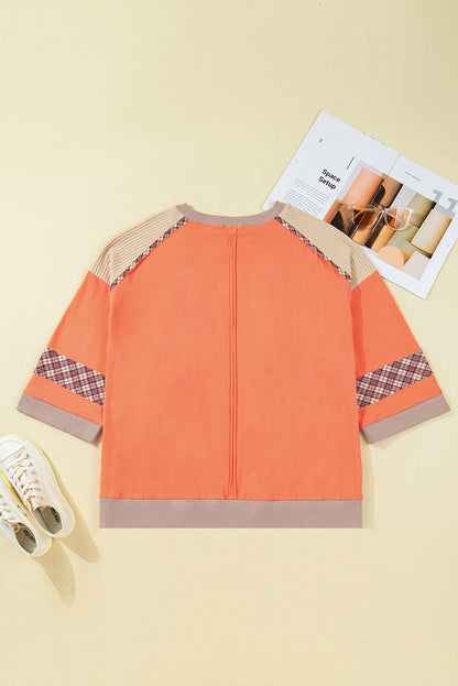 Plus Size Plaid Flower Patchwork 3/4 Sleeve Top
